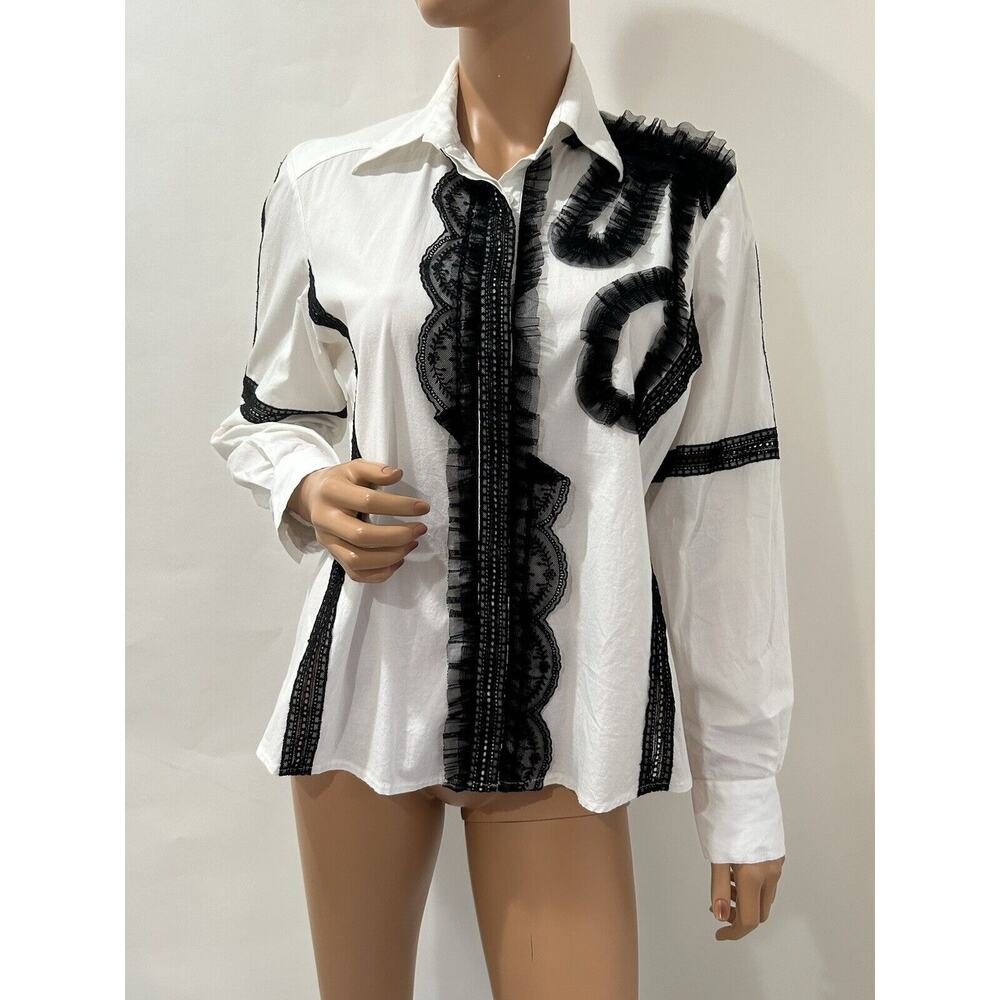Serpil Blouse White And Black Lace And Ruffle Tulle size small.
